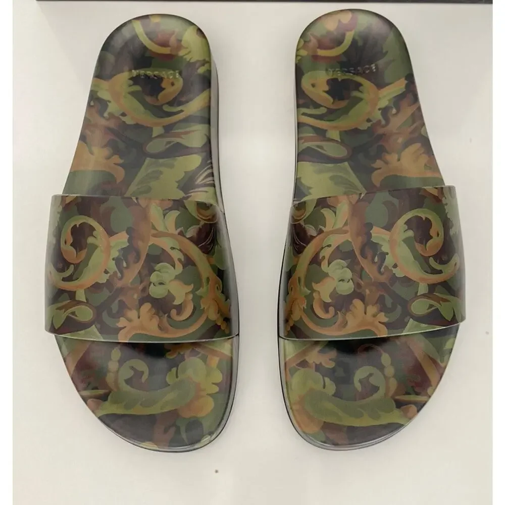 NIB $395 Versace Baroccoflage Slides Sandals Khaki 9 US (42 Euro) IT DSU6516